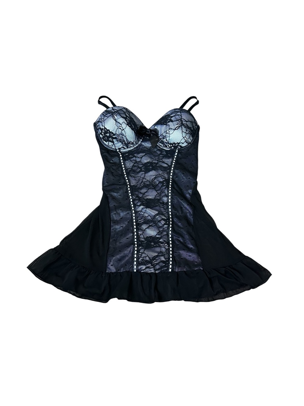 Black Lace Slip Babydoll Chemise Size 36B Ruffle Hem Y2K Whimsigoth Vampire Goth